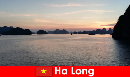 Stresli yabancı turistler için Ha Long Vietnam'da mükemmel bir tatil